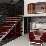 Interior,Beautiful Open Plan Living Room Interior Design Photo With Cool Red Single Seater Sofas Plus Wonderful Red White Table And Beautiful Red White Kitchen Island Also Creative Red Staircase Shelf,Best High Quality Interior Design Photos To Your Living Room