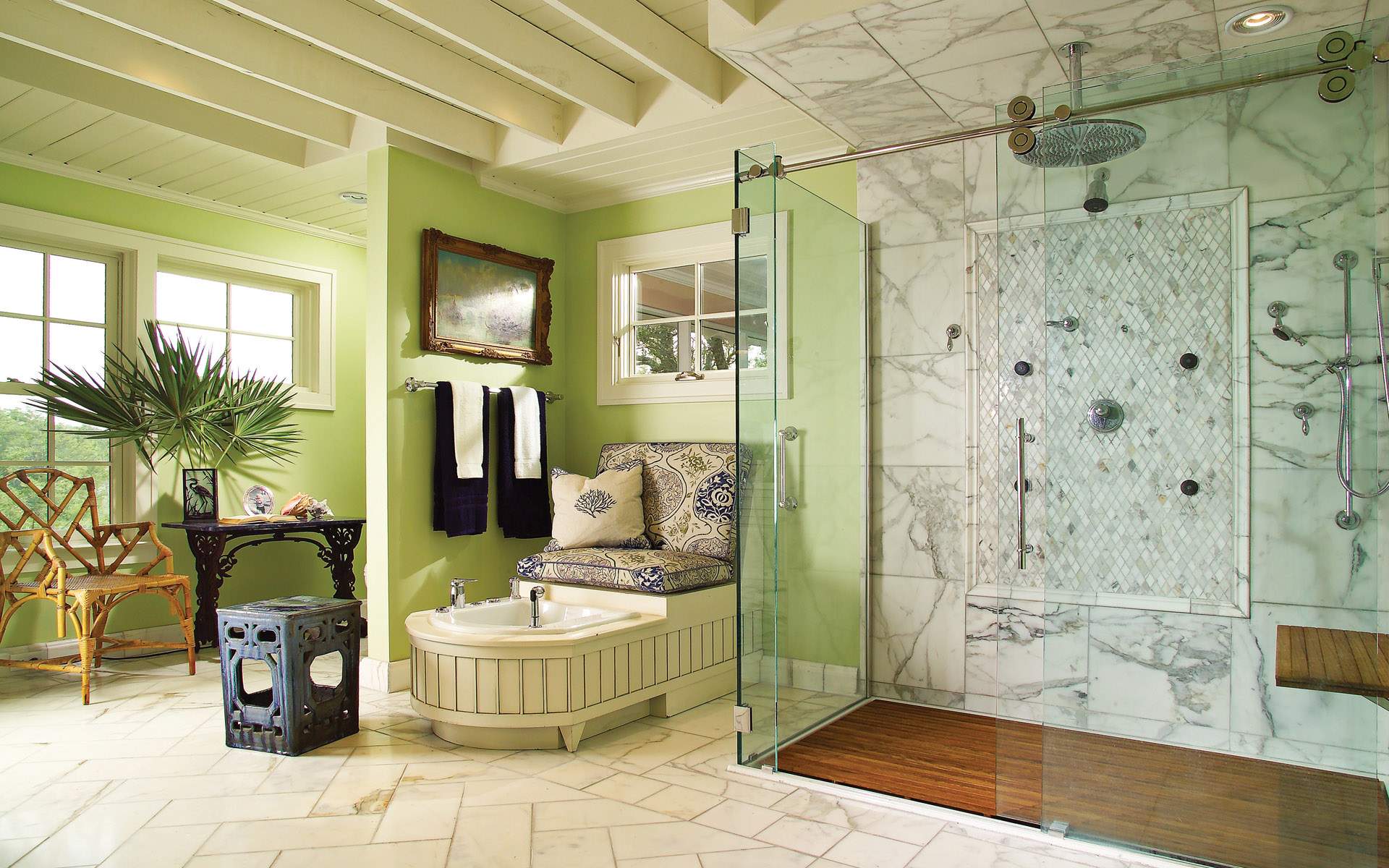 Furniture,Nice Looking Large Space Interior House Design Picture With Charming Shower Enclosures And Stylish Brown Wood Chair Plus Beautiful Black Table Also Gorgeous Light Green Wall Paint,Picturesque Interior House Design Pictures 2015