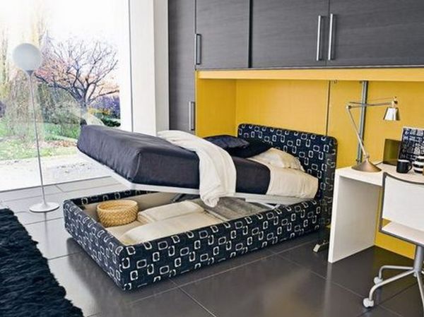 Interior,Modern Small Space Bedroom Painting Ideas With Beautiful Murphy Bed In Beautiful Black White Geomatric Bed Frame On Combined Comfortable White Black Bed Sheet And Modern White Desk Plus Cozy White Chair Also Cool Industrial Floor Lamp For Modern Concept,Creative Bedroom Painting Ideas