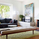 Apartments,Dazzling White Wall Paint Studio Apartment Interior Design Ideas With Marvelous Black Leather Three Seater Sofa Plus Comfortable Large White Ottoman And Nice Green Fur Rug On Combined Trendy Brown Tile Floor Also Modern Entertainment Tv,Extraordinary Studio Apartment Interior Designs