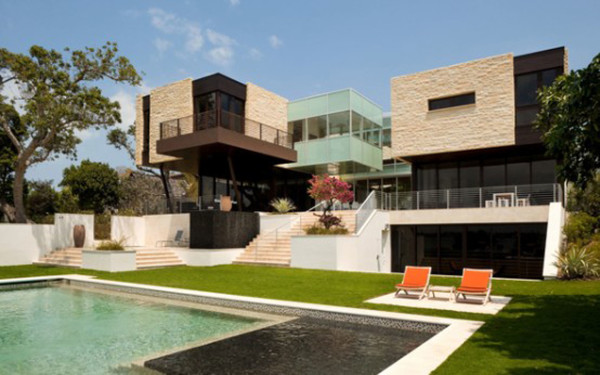 Architecture,The Best Large Modern House Design With Stunning Glass Windows And Cool Pool Also Comfortable Orange Pool Chaise Lounges,Flawless Large Modern Houses Inspiration