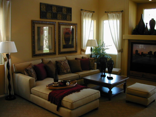 Furniture,Impressive Dark Yellow Scheme Sofa For Small Living Room Decortion With Comfortable Beige Sectional Sofa And Beautiful Two White Lamp Shade Also Wonderful Dark Brown Wood Coffe Table Plus Cozy Beige Ottoman ,The Most Convenient Sofas For Small Living Rooms