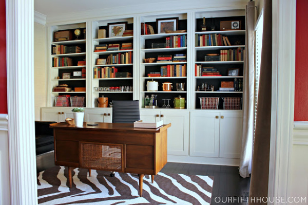 Furniture,Fabulous Building An Office Desk Design Inspiration With Stylish Wood Office Desk In Brown Color And Beautiful Black White Zebra Pattern Rectangular Rug Also Gorgeous White Wood Bookcase,Easily And Cool Building An Office Desks