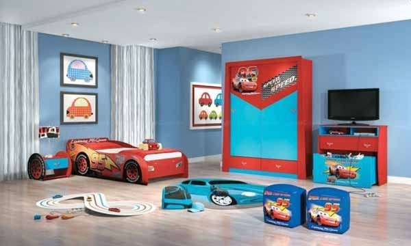 Bedroom,Delightful Large Space Really Cool Bedroom Design With Amazing Red Toddler Bed And Beautiful Red Blue Wardrobe Also Comfortable Playroom For Kids Bedroom,Really Cool Bedrooms Designed With A High Comfort Level