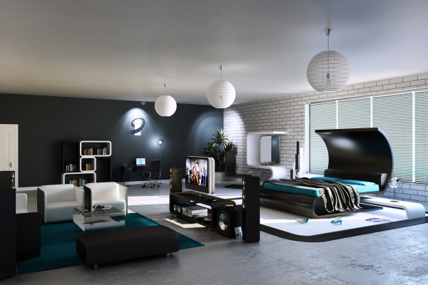 Bedroom,Style Open Plan Modern Bedroom Design Ideas With Unique Black Bed Frame On Combined Dark Green Mattress And Modern Living Room Also Nice White Lampions,Modern Bedroom Design