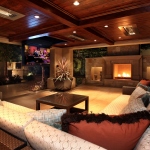 Furniture,Marvelous Large Space Sitting Room Design Inspiration With Beautiful Brown Wood Ceiling Tiles Plus Gorgeous Fire Pit And Comfortable Brown Wicker Sectional Sofa On Combined Nice Bright Floor Also Adorable Square Glass Table ,Some Fancy Sitting Rooms