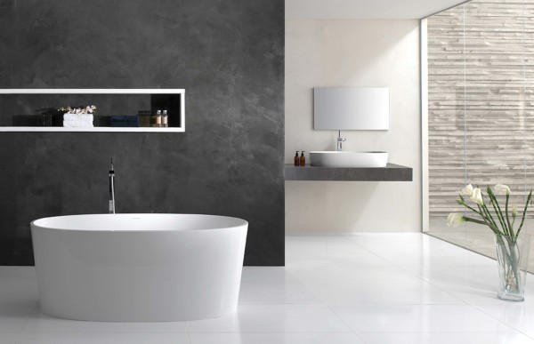 Bathroom,Fancy Large Space Best Modern Bathroom Design With Stunning Oval White Ceramic Freestanding Bathtub Plus Cool Stainless Freestanding Bathtub Faucet And Exquisite Corner White Ceramic Washbowl Combined Beautiful Black Granite Countertop Also Picturesque Floating White Wood Shelf On The Black Wall,The Best Modern Bathrooms Design Great