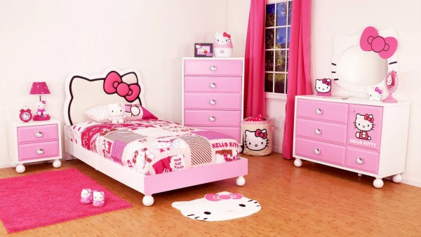 Bedroom,Fascinating White Wall Paint Room For Girls Design Ideas With Unusual Pink White Wood Bed Frame On Combined Cute Hello Kitty Ornaments Bed Cover And Beautiful Corner White Pink Wood Dresser Also Pretty Pink Fur Rug Plus Trendy Brown Wood Floor,Cool Amazing Rooms For Girls