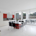 Dining Room,Enthralling Pool Table Dining Room Table Design Inspiration With Exquisite Large Glass Dining Table Plus Comfortable Black Dining Chairs On Combined Wonderful White Tile Floor And The Best Large Glass Sliding Door Also Beautiful White Kitchen Cabinet,Add To Beauty Your Space With Pool Tables Dining Room Table