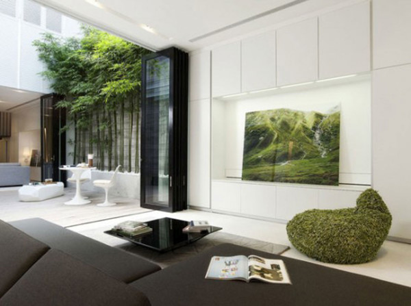 Furniture,New Model Interior Design Idea With Comfortable Black Leather Sectional Sofa And Soft Green Bag Chair Also Cool Square Black Glass Table On Combined Soft Gray Rug,Fabulous Interior Design Ideas For Modern Home