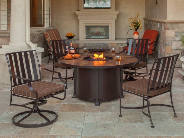 Exterior,Luxury Ow Lee Fire Pit Collection With Style Casual Fireside Santorini Wrought Iron 54 Round And Comfortable Iron Chairs,Warmth In Your Outdoor Style Ow Lee Fire Pit Collection