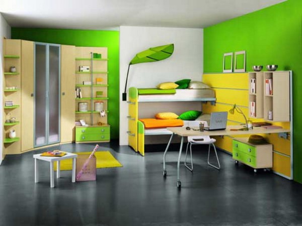 Bedroom,Awesome Large Space Teenage Bedroom Color Design Ideas With Stylish Bunk Bed In Cute Yellow Green White Bed Frame And Nice Corner Bright Brown Wood Wardrobe Also Wonderful Bright Brown Study Table Plus Cozy White Chair,Design Perfect Teenage Bedroom Colors