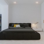 Bedroom,Cool Awesome White Brick Themed Minimalist Bedroom Design Ideas With Comfortable Black Low Profile Bed On Combined Dark Gray Mattress And Nice Square White Bedside Table Also Beautiful Artwork ,Beauty A Minimalist Bedroom Ideas