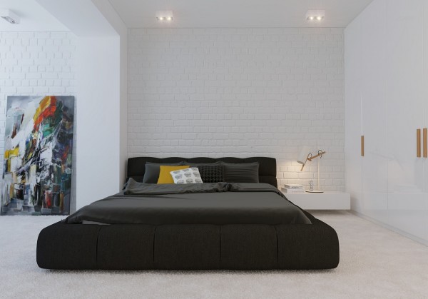 Bedroom,Cool Awesome White Brick Themed Minimalist Bedroom Design Ideas With Comfortable Black Low Profile Bed On Combined Dark Gray Mattress And Nice Square White Bedside Table Also Beautiful Artwork ,Beauty A Minimalist Bedroom Ideas