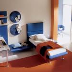 Bedroom,Modern Large Space Children Bedroom Design Ideas With Stylish Blue Bed Frame On Combined Soft White Bed Sheet And Exquisite White Flat Study Table Plus Cool Wall Hanging Book Shelves Also Splendid Large Brown Carpet Color,Cool Stylish With Themed Children Bedroom Designs
