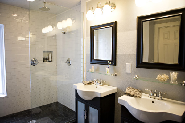 Bathroom,Admirable Small Space Swedish Bathroom Design With Awesome Double Bathroom Vanity Pedestal And Cool Vertical Wall Mirrors Also Gorgeous Shower Enclosures Plus Wonderful Black Ceramic Tile Floor,Swedish Bathroom Design Modern