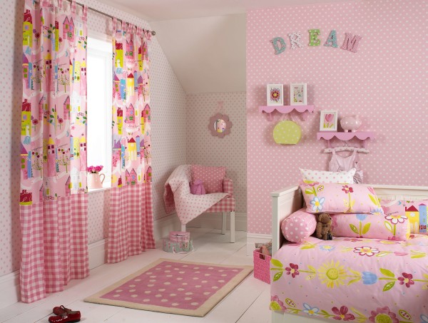 Bedroom,Fascinating Pink Background Bedroom Ideas For Girls With Unusual White Wood Bed Frame On Combined Cute Pink Flower Ornaments Bed Sheet And Pretty Colorful Curtains Also Comfortable Pink White Single Seater Sofa For Kids Bedroom,Fresh Bedroom Ideas For Girls