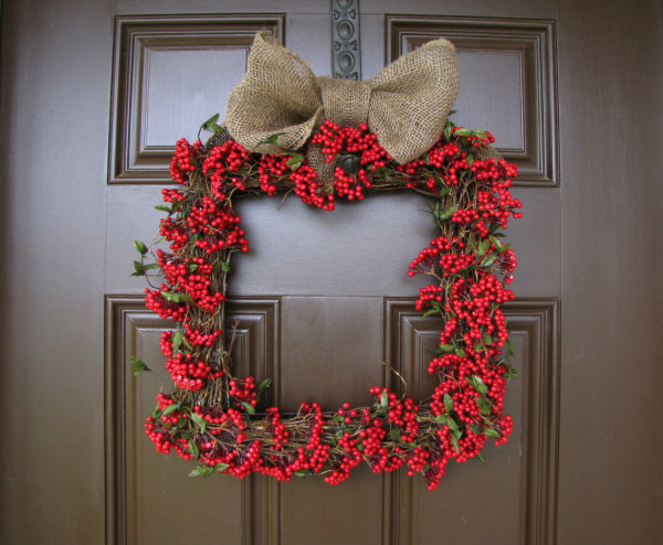 Interior,Cool Awesome Dark Brown Wood Door Christmas Wreath Decorating Ideas With Stunning Modern Square Grapevine Christmas Wreath And Adorable Artificial Berries Also Gorgeous Handmade Burlap Bow Topper,Make Your Guests Be Impressed To See The Christmas Wreath Decorating Ideas