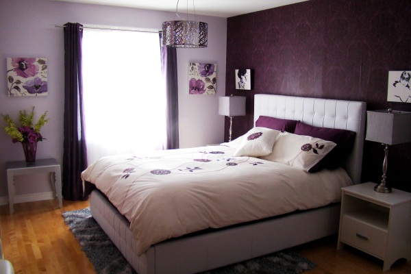 Bedroom,Marvelous Purple Mixed White Wall Color For Small Room Design Ideas With Charming Low Profile Bed On Combined Cool White Bed Frame And Soft White Bed Cover Also Cool Silver Pendant Lamp Plus Wonderful Brown Wood Floor ,Cool Wall Colors For Small Rooms