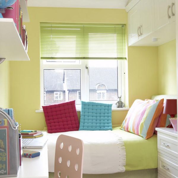 Bedroom,Charming Yellow Wall Paint Storage For Small Bedroom Design Ideas With Beautiful Green Bed Sheet On Combined Soft White Blanket And Wonderful White Wood Desk Plus Cool Open Book Shelves Also Gorgeous Green Blind For Girls Bedroom,Modern Storage For Small Bedroom Inspiration