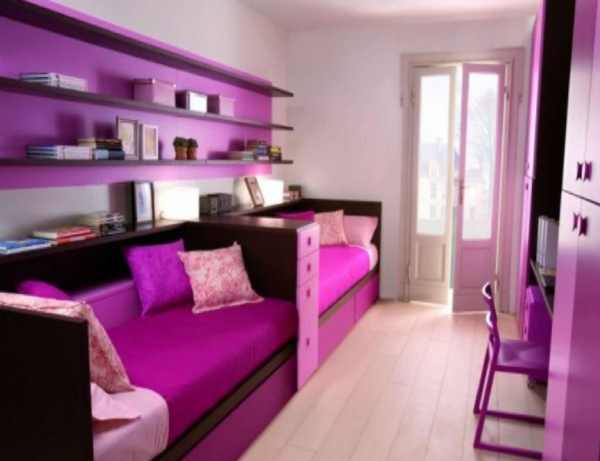 Bedroom,The Best Beautiful White Wall Color For Small Room Design Ideas With Beautiful Floating Craft On Combined Racks And Wonderful Doubel Day Bed In Black Purple Color Also Comfortable Study Space Plus Nice Bright Wood Wood Laminate Flooring ,Cool Wall Colors For Small Rooms