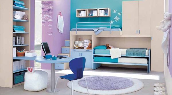 Bedroom,Chic Japanese Modern Bedroom Ideas For Teenage Girl With Stylish Twin Bunk Bed And Comfortable Trundle Bed On Combined Blue White Mattress And Cool Beige Bookcase Also Cozy Study Space Plus Soft White Gray Round Rug ,Cute Modern Bedroom Ideas For Teenage Girls