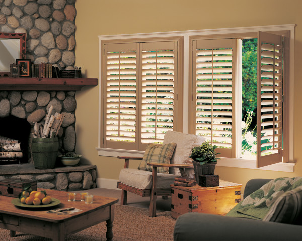 Living Room,Cool Amazing Plantation Faux Wood Blind Decoration With Nice Wood Chair And Stylish Wood Table Also Cool Backyard Fire Pit For Vintage Concept,Plantation Faux Wood Blinds For Your Living Room