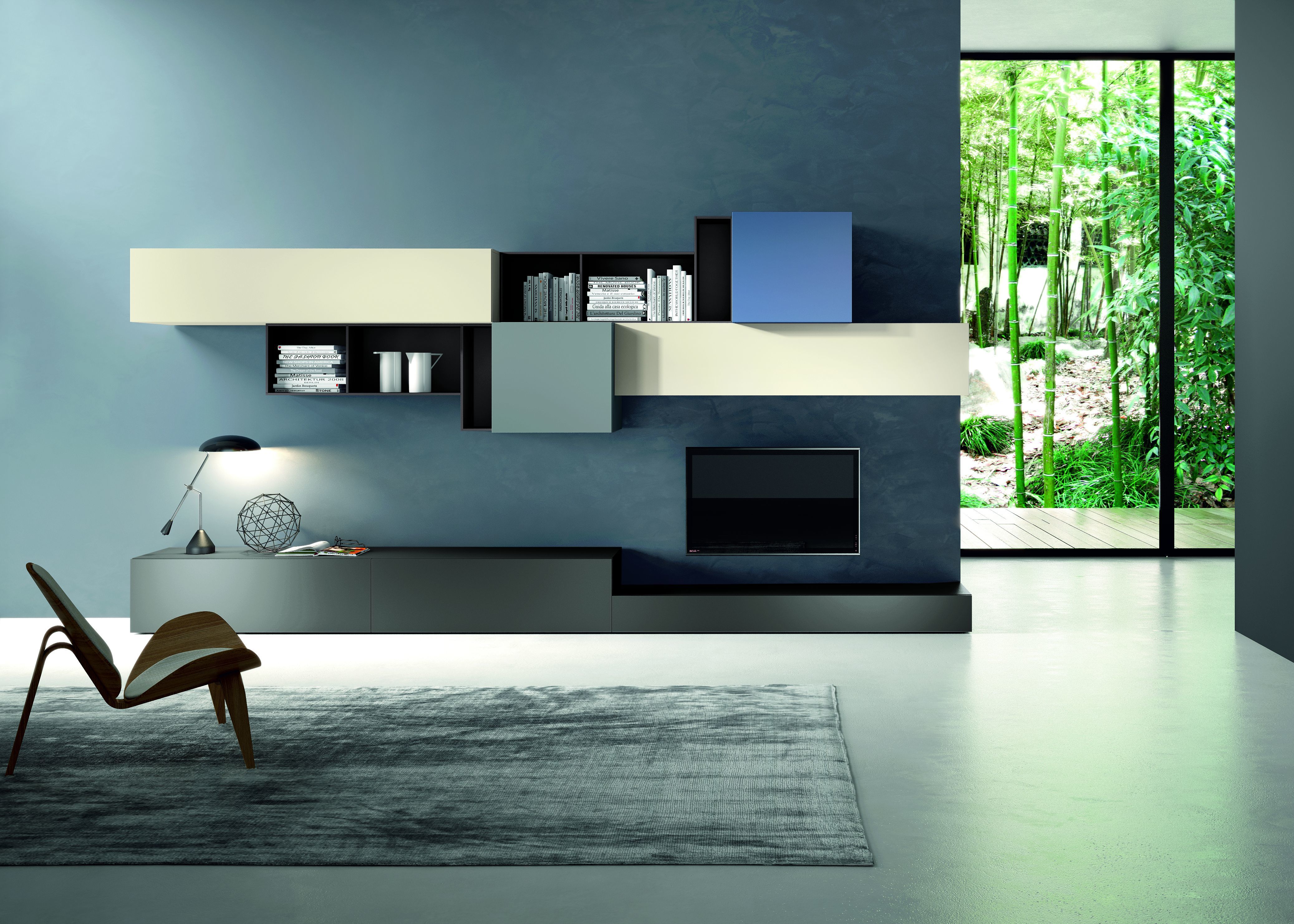 Interior,Simple Interior Design Photo With Gorgeous Wall Mount Bookshelf And Nice Tv Wall Units On The Dark Blue Wall Also Unique Brown Wood Chair,Best High Quality Interior Design Photos To Your Living Room