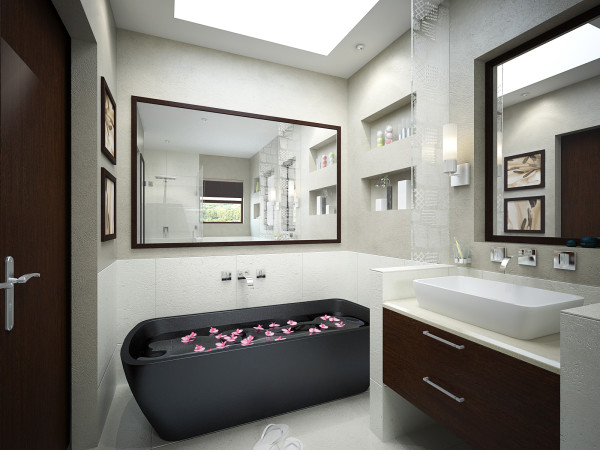 Bathroom,Astounding Bathroom Ideas With Fabulous Brown Wood Bathroom Vanity On Combined Nice White Ceramic Vessel Sink Plus Modern Stainless Wall Mount Bathroom Faucet And Gorgeous Black Ceramic Freestanding Bathtub Also Beautiful White Wall Paint,Small Space With Contemporary Bathroom Ideas