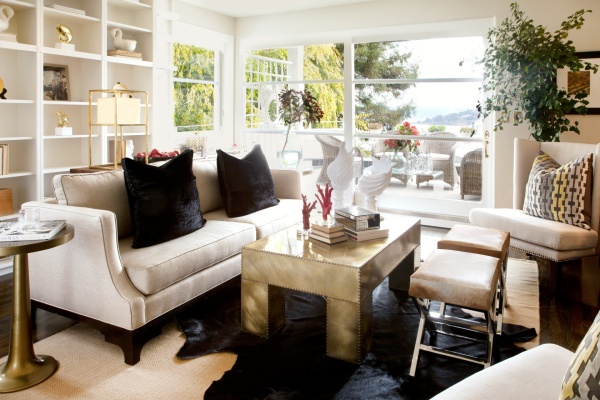 Exterior,Splendid White Wall Paint Indoor Outdoor Living Space Design Ideas With Comfortable White Two Seater Sofa On Combined Soft Black Cushions And Beautiful Gold Glossy Coffe Table Plus Modern Black Cowhide Rug Also Amazing Great Glass Windows,Indoor Outdoor Living Spaces