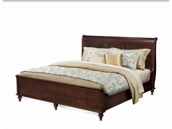 Bedroom,New Model King Sleigh Low Bed Design Ideas With Gorgeous Dark Brown Bed Frame And Cozy Dark Brown Wood Headboard Also Comfortable Beige Mattress,Sightly Low Beds Design