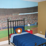 Bedroom,Fabulous Teenage Bedroom Ideas Boy Design With Charming Soccer Stadium Wallpaper Also Cool Blue Covered Beds At Single Black Metal Unique Bed And Chic Pillows White Reading Lamps Above Red,Extraordinary Teenage Bedroom Ideas Boys For Modern Concept