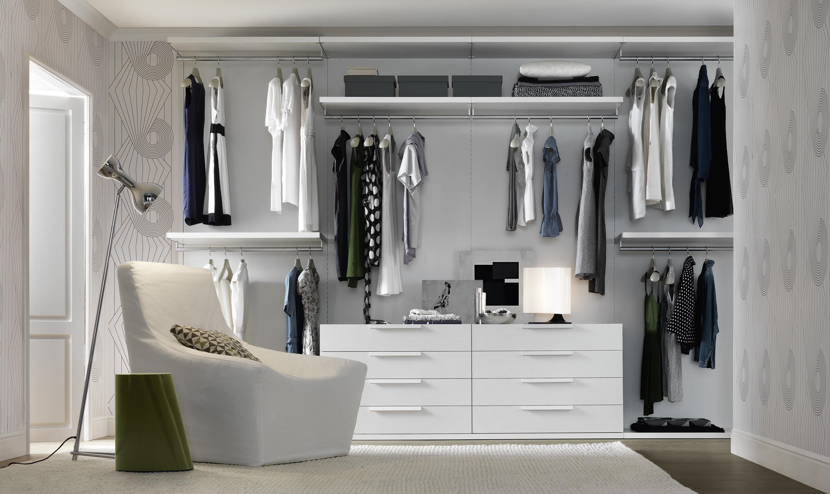 Furniture,Glamorous Cheap Walk In Wardrobe Design Ideas With Charming White Wood Dressers And Beautiful Cream Drum Table Lamp Plus Stunning Chrome Spotlight Floor Lamp Also Comfortable White Singel Seater Sofa For Modern Concept,Cool Amazing Some Walk In Wardrobe Designs