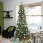 Furniture,Modern White Mixed Green Wall Paint Design Christmas Tree Ornament With Charming Black White Zebra Pattern Single Seater Sofa And Comfortable Black Single Seater Sofas Plus Gorgeous Green Christmas Tree On Combined Nice Cream Xmas Tree Lights Also Exquisite Glass Window For Living Room,Spectacular Designer Christmas Tree Ornaments