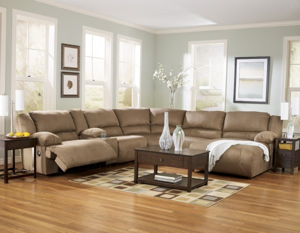 Furniture,Terrific Lovely Light Blue Wall Paint Furniture Small Space Design Inspiration With Awesome Brown Fabric Sectional Sofa And Beautiful Chocolate Wood Square Accent Table On Combined Unique White Table Lamp Plus Cool Chocolate Wood Table Also Exquisite Bright Brown Wood Floor,Modern Living Room Design With Comfortable Furniture Small Spaces