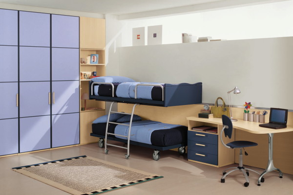 Bedroom, Picturesque White Wall Paint Kids Bedroom Design Ideas With Charming Blue Square Tile Cabinet And Retro Blue Bed Frame Also Cool Study Space,Delight Kids Bedroom Design