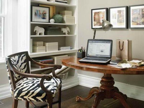 Furniture,Exquisite Gray Wall Paint Top Office Design Ideas With Stylish Brown Glossy Round Wood Office Desk Plus Wonderful Desk Lamp And Comfortable Black White Zebra Pattern Wood Chair Also Gorgeous Open Shelves ,Pleasant And Comfortable Top Office Designs