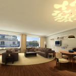 Apartments,Contemporary Broken White Wall Paint Very Small Apartment Design With Stunning Blakc Sofas Plus Beautiful Black Table On Combined Soft Cream Round Rug And Cool Tv Wall Units Also Wonderful Large Glass Windows,Comfy Studio In Very Small Apartment Design