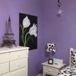 Interior,Enchanting Purple Wall Bedroom Painting Ideas With Cute White Bed Frame On Combined Comfortable White Black Floral Pattern Bed Sheet And Gorgeous White Wood Nighstand Table Plus Beautiful White Black Floral Pattern Drum Table Lamp Also Stunning White Wood Dresser,Creative Bedroom Painting Ideas