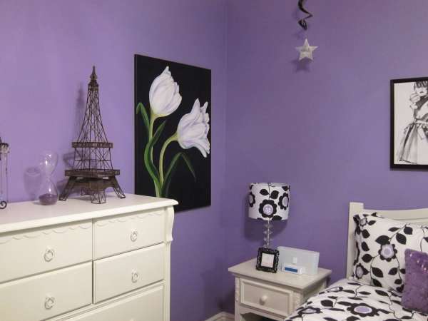 Interior,Enchanting Purple Wall Bedroom Painting Ideas With Cute White Bed Frame On Combined Comfortable White Black Floral Pattern Bed Sheet And Gorgeous White Wood Nighstand Table Plus Beautiful White Black Floral Pattern Drum Table Lamp Also Stunning White Wood Dresser,Creative Bedroom Painting Ideas