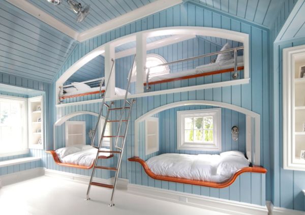 Bedroom,Cool Amazing Blue White Themed Room Painting Ideas With Stylish Bunk Bed On Combined Twins White Bed And Modern Silver Steel Stair Also Wonderful White Ceramic Floor For Bedroom ,Trendy Cute Room Painting Ideas