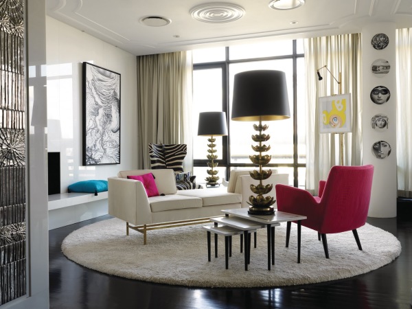 Apartments,Fancy White Manhattan Penthouse Apartement Design Ideas With Comfort White Fabric Lounge Sofa On Combined Luxurious White Round Shag Rug And Cozy Pink Sofa Chair Also Extra Large Stand Lamp For Living Room ,Manhattan Penthouse Apartments