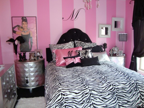 Bedroom,Pretty White Pink Striped Wallpaper Girl Bedroom Design With Picturesque White Black Fabric Zebra Pattern Bed Cover And Soft Black Headboard Also Modern Silver Curved Nightstand Tables,Glamorous Luxurious Girls Bedroom Designs