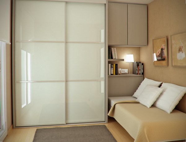 Bedroom,Modern Very Small Bedroom Design Inspiration With Comfortable Single Bed On Combined White Mattress And Soft Three Cotton Cushion Also Cool White Glass Sliding Door Large Wardrobe Plus Beautiful Corner Bookshelf,Very Small Bedroom Design And Small Space