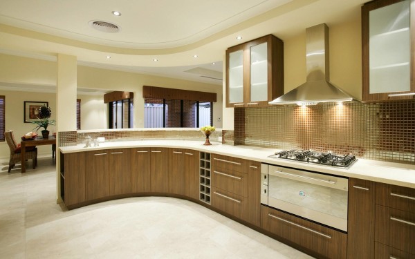 Furniture,Classic Kitchen Interior Design Inspiration With Cool Brown Wood Kitchen Cabinet On Combined Nice White Countertop And Stylish Stainless Cooker Hood Also Wonderful Floating Frosted Glass Door Kitchen Cabinet,Cool Home Interior Designs Of 2015