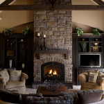 Interior,Marvelous Open Plan Stone Fire Places Design Inspiration With Charming Dark Brown Wood Entertaiment Center And Nice Dark Brown Wood Wall Mount Shelf Combined Beautiful Dark Brown Wood Candle Stand Also Comfortable Sofas Plus Cool Brown Wood Coffe Table,The Beauty Of Stone Fire Places Your Home Inspiration