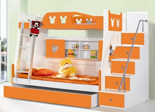 Bedroom,Amusing Lime Green Small Designer Bedroom With Delight Double Deck Bunk Bed In Beautiful White Orange Bed Frame And Splendid Orange White Stairway Also Exquisite Orange Bed Sheet For Kids Bedroom,The Best Modern Small Designer Bedrooms