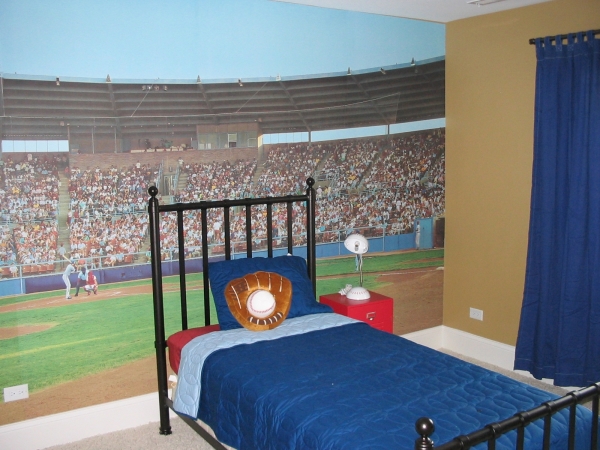 Bedroom,Exceptional Sport Yard Wall Decor Children Bedroom Design With Charming Black Iron Bed Frame On Combined Comfortable Red Bed Sheet Plus Soft Blue Blanket And Nice Red Wood Nightstand Table Also Gorgeous Blue Curtains,Cool Stylish With Themed Children Bedroom Designs