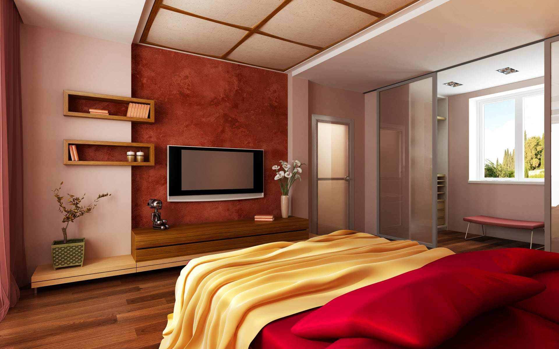 Furniture,Extraordinary Bedroom Interior Design Ideas With Wonderful Red Bed Sheet On Combined Soft Yellow Blanket And Picturesque Tv Wall Units Also Exquisite Brown Wood Wall Mounted Bookshelf,Fabulous Interior Design Ideas For Modern Home