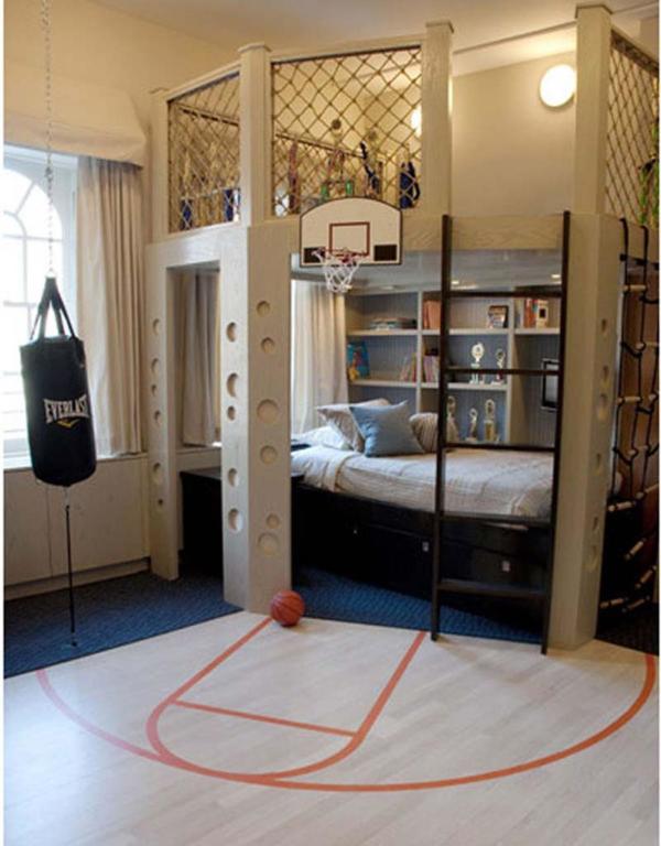 Bedroom,Cool Sport Themed Bedroom Design For Guy With Wonderful Low Profile Bed Plus Beautiful Black Under Storage Bed And Cool Open Shelves Also Nice Black Ladder ,Cool Bedroom Designs For Guys